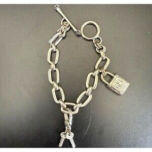JUICY COUTURE Silver Tone Lock & Key Charm Link Toggle Clasp Bracelet